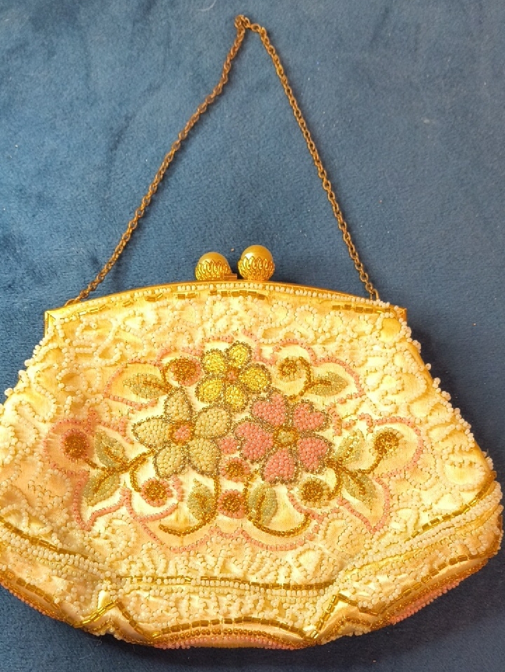 Embroidered Beaded Floral Evening Clutch in Cream, Pink & Gold